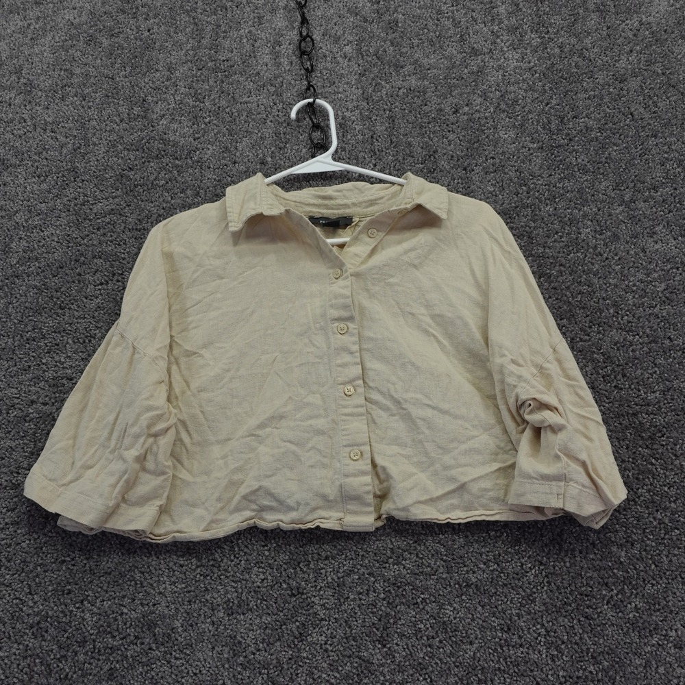 Primark Button Down Womens 10 Beige Linen Blend Cropped Short Sleeve Shirt